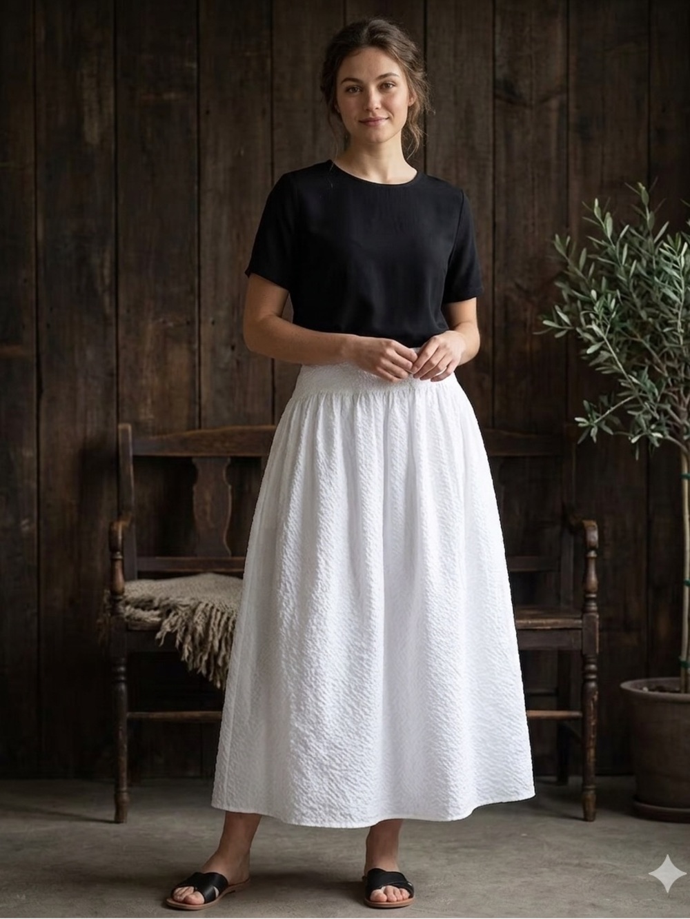 Textured White Maxi Skirt with Elastic Waist